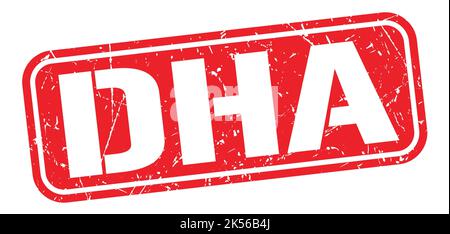 DHA text written on red grungy stamp sign. Stock Photo