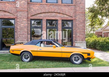 DEARBORN, MI/USA - JUNE 17, 2017: A 1973 Ford Mustang car with Ram Air (NACA Ducts) at The Henry Ford (THF) Motor Muster car show, Greenfield Village, Stock Photo