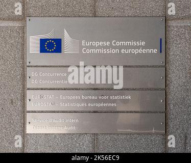 Saint- Josse, Brussels Capital Region - Belgium - 04 26 2021 - Close up of the sign of the Eurostat European commission building Stock Photo