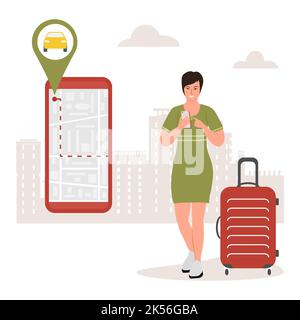 Vector illustration Woman uses application on cell phone for rental car. Carsharing Car sharing Car clubs with digital online search. People rent car Stock Vector
