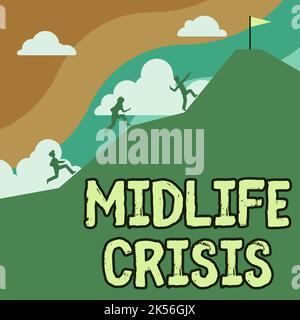 Text caption presenting Midlife Crisis, Word for Software development technique Decomposing an application Stock Photo