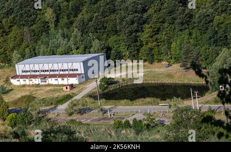 Baile Sacelu, Gorj County, Romania – July 24, 2022: Aerial view of the gym and the lake in Baile Sacelu resort, Gorj, Romania. Stock Photo