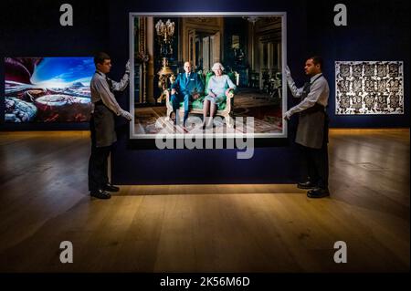 London, UK. 6th Oct, 2022. Thomas Struth, Queen Elizabeth II and The Duke of Edinburgh, Windsor Castle 2011, Estimate GBP 150,000 - GBP 250,000 with Glenn Brown, Jesus; The Living Dead (L), Estimate GBP 2,200,000 - GBP 2,800,000 and RASHID JOHNSON (B. 1977) Untitled Anxious Audience Estimate GBP 700,000 - GBP 1,000,000 - The 20th/21st Century: London Evening Sale at Christies London. It presents British and European masters alongside international contemporary artists. Credit: Guy Bell/Alamy Live News Stock Photo