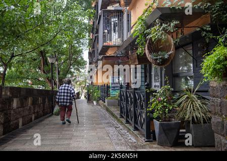 (221006) -- CHONGQING, Oct. 6, 2022 (Xinhua) -- A resident walks through Daijiaxiang alley, dubbed 'coffee street' after renovation, in Yuzhong District, southwest China's Chongqing, Sept. 24, 2022.  In recent years, Chongqing has rebuilt and renovated a large number of idle and abandoned buildings in Yuzhong District.    The renewed buildings and neighborhoods have attracted many young entrepreneurs to start their business in catering, cultural and creative industries, and also helped promote tourism in Chongqing. (Xinhua/Tang Yi) Stock Photo