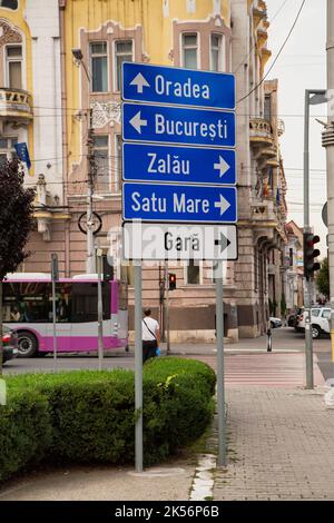 CLUJ-NAPOCA, TRANSYLVANIA, ROMANIA – AUGUST 21, 2018:  Road signs in downtown in Cluj Napoca, Transylvania,  Romania.