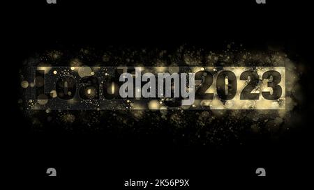 New year 2023 concept with loading golden snowflakes and stardust on black screen with date as holiday season greeting card design Stock Photo