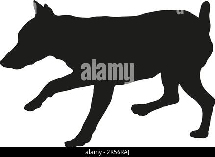 Black dog silhouette. Running zwergpinscher puppy. Miniature pinscher or king of the toys. Pet animals. Isolated on a white background. Illustration. Stock Vector