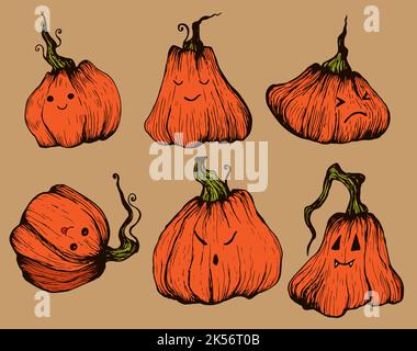 Set cartoon pumpkins with face,happy, crazy in different forms, isolated. Happy Halloween collection pumpinks for design book, textile, print, poster, Stock Vector