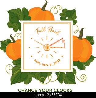 Fall Back 2022. Changing clocks to winter time, square banner. Daylight Saving Time Ends, concept. Clocks with schedule date - 2022, november 6. Clock Stock Vector