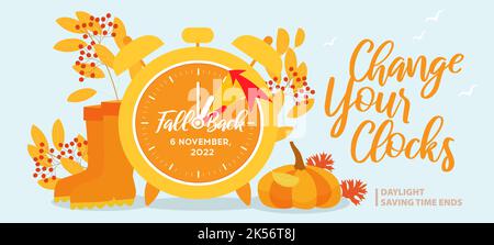 Fall Back, change clock back one hour. Daylight Saving Time Ends at sunday, 6 november 2022. Clock Backward web reminder banner. Alarm Clock with arro Stock Vector