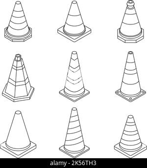 Cone traffic icon set. Isometric set of cone traffic vector icons outline isolated on white background Stock Vector