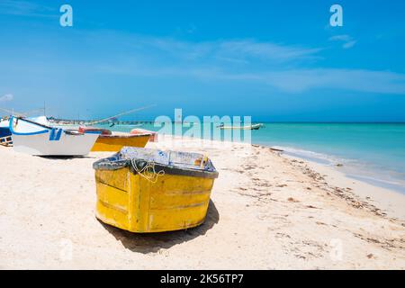 Boats at the beach of Progreso near Merida in Mexico Stock Photo