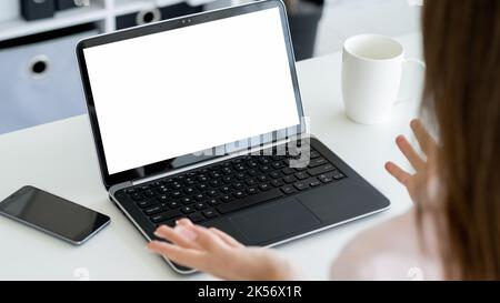 virtual conference female speaker digital mockup Stock Photo