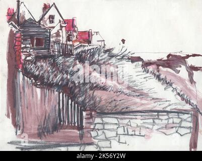 Vintage pastel sketch of Whitby, England, looking down from the Abbey, towards the harbour and fisherman's cottages, 1980s. One of a series of three. Stock Photo