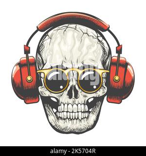 Skull with Glasses and Headphones Tattoo. Vector illustration isolated on white. Stock Vector