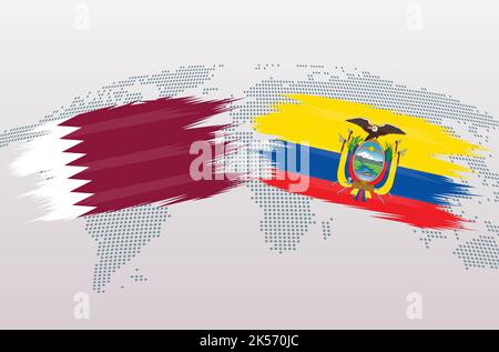 Qatar vs Equador soccer ball in flag design on world map background for football tournament, vector for sport match template or banner. Stock Vector