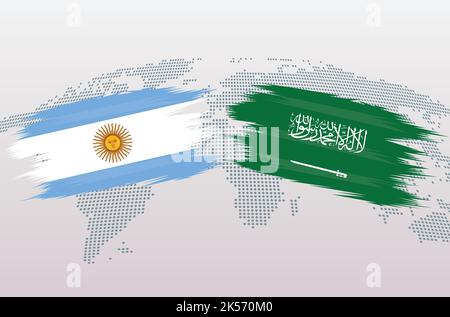 Argentina vs Saudi Arabia soccer ball in flag design on world map background for football tournament, vector for sport match template or banner. Stock Vector