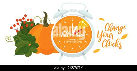 Fall Back 2022, 6 November. Set the clock back one hour. Daylight Savings Time Ends Sunday, Reminder Web Banner. Alarm clock with arrow turning back o Stock Vector