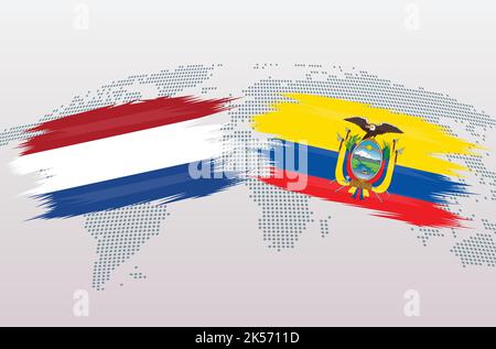 Netherlands vs Equador soccer ball in flag design on world map background for football tournament, vector for sport match template or banner. Stock Vector