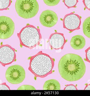 Seamless tropical fruit pattern with watercolor kiwi and dragon fruit slices. Stock Vector