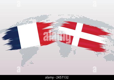 France vs Denmark soccer ball in flag design on world map background for football tournament, vector for sport match template or banner. Stock Vector