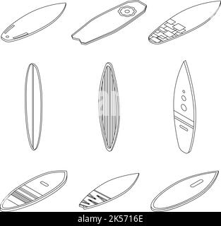 Surfboard icons set. Isometric set of surfboard vector icons outline isolated on white background Stock Vector