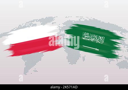 Poland vs Saudi Arabia soccer ball in flag design on world map background for football tournament, vector for sport match template or banner. Stock Vector