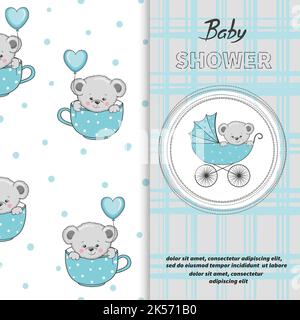 Baby shower boy card design. Cartoon Teddy bear in stroller. Stock Vector