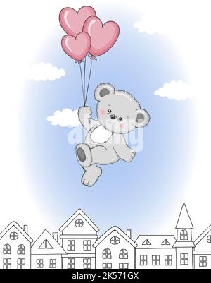 Birthday card with cute cartoon Teddy bear flying on balloons. Vector illustration. Stock Vector