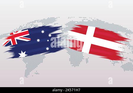 Australia vs Denmark soccer ball in flag design on world map background for football tournament, vector for sport match template or banner. Stock Vector