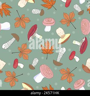 Seamless autumn pattern with mushrooms and leaves. Hand drawn fall print. Stock Vector