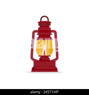 Old lantern isolated. Burgundy retro oil lamp with the flame on. Vector illustration, flat design Stock Vector
