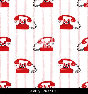 Seamless red retro telephone pattern. Vector vintage telephone illustration Stock Vector