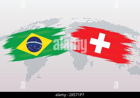 Brazil vs Switzerland soccer ball in flag design on world map background for football tournament, vector for sport match template or banner. Stock Vector