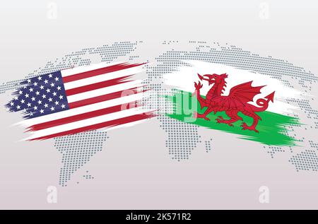 United States USA vs Wales soccer ball in flag design on world map background for football tournament, vector for sport match template or banner. Stock Vector