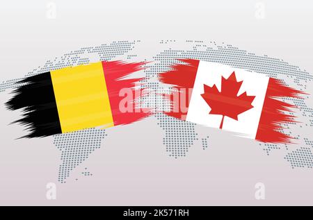 Belgium vs Canada soccer ball in flag design on world map background for football tournament, vector for sport match template or banner. Stock Vector