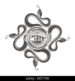 Tattoo of All Seeing Eye of Wisdom and Cross of Snakes. Esoteric Medieval vector illustration isolated on white. Stock Vector