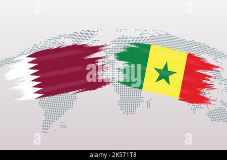 Qatar vs Senegal soccer ball in flag design on world map background for football tournament, vector for sport match template or banner. Stock Vector