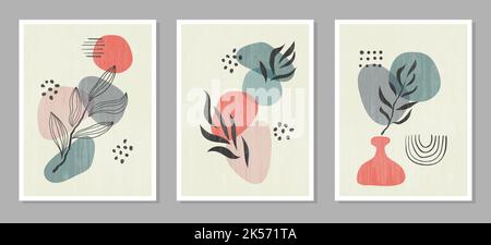 Abstract set of floral wall art. Trendy minimal vector illustration with geometric shapes and leaves for cover, fabric, interior decor or posters. Stock Vector