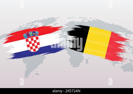 Croatia vs Belgium soccer ball in flag design on world map background for football tournament, vector for sport match template or banner. Stock Vector