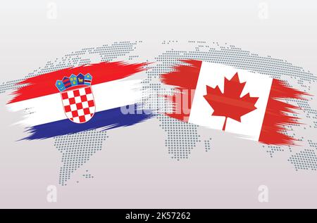 Croatia vs Canada soccer ball in flag design on world map background for football tournament, vector for sport match template or banner. Stock Vector