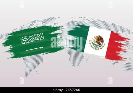 KSA Saudi Arabia vs Mexico soccer ball in flag design on world map background for football tournament, vector for sport match template or banner. Stock Vector