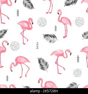 Seamless flamingo bird pattern. Vector background with watercolor flamingos and tropical leaves. Stock Vector