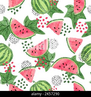 Watercolor watermelons pattern. Seamless summer vector background. Stock Vector