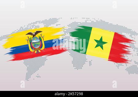 Ecuador vs Senegal soccer ball in flag design on world map background for football tournament, vector for sport match template or banner. Stock Vector