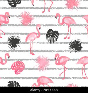 Seamless watercolor flamingo bird pattern. Vector tropical background with flamingos and leaves. Stock Vector