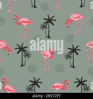 Seamless tropical pattern with flamingo birds and palm trees. Stock Vector