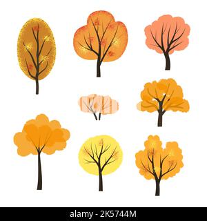 Set of abstract cartoon autumn trees. Vector hand drawn illustration. Stock Vector