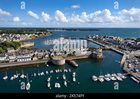 France, Finistere, Concarneau, harbour and ville close (walled town) (aerial view) Stock Photo