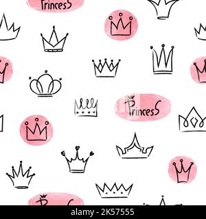 Little princess seamless pattern. Vector background with hand drawn doodle crowns Stock Vector